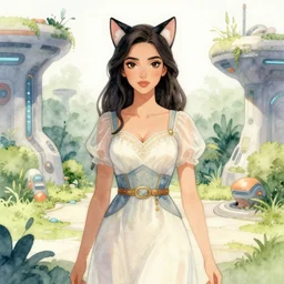 middle eastern woman with cat ears, wearing a lovely dress in a scifi garden. this watercolor painting by the award - winning mangaka has impeccable lighting, an interesting color scheme and intricate details.