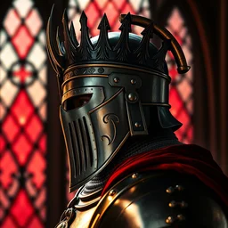 detailed side - view portrait of a knight, kaldor helmet, cranium - shaped visor, royal crown with big spikes, plate armor, gothic stained glass window, shiny red background, very masterful, backlit