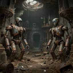 abandoned underground steampunk town with rusted androids, dusty, cobwebs, dirt, broken glasses, damaged buildings, hyperdetailed, artstation, cgsociety, 8 k