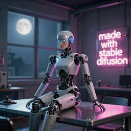 award winning Photograph of a disassembled female robot sitting on a metal table, moonlight is shining from the back windows, 300mm lense, wide shot, dust particles, octane render, rim lights , neon signs saying made with stable diffusion . —w 3840 —h 2160