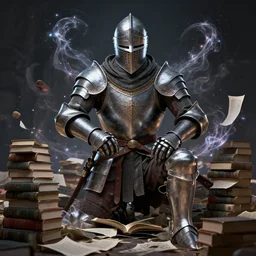 ultrarealistic, 3 d render, photographic portrait of a lifelike medieval armored knight transforming into a pile of books and papers, as a dnd character, surrounded by magic wisps, highly intricate, dramatic lighting, steel helmet, cosmic horror, extremely detailed, concept art, award - winning, masterpiece, art by alex grey