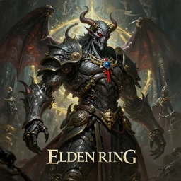 Elden Ring and Doom themed painting of satanic demon hybrid cyborg, dark fantasy matte painting movie poster, golden ratio, trending on cgsociety, intricate, majestic, dark epic fantasy, trending on artstation, by H.R. Giger and Zdizslaw Beksinski, highly detailed, vibrant, cinematic quality character render; low angle; ultra high quality model; production quality cinema model