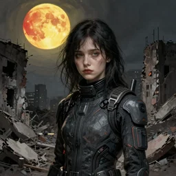 A portrait of a suicidal girl, ruins of a destroyed city and a yellow-red full moon on background, techwear, dark, atmosphere, natural volumetric light, intricate, highly detailed, digital painting, concept art, sharp focus, illustration, art by greg rutkowski, matte painting, trending on artstation, rule 34