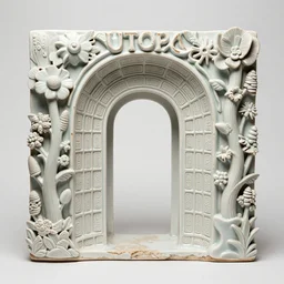 the utopia portal highly detailed carving on southern ice porcelain, partially glazed, woodfired, art gallery