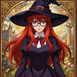anime portrait attractive sexy adult female witch student, magic university school dress, thick nerd glasses, fantasy landscape, bangs red hair, sharp focus, illustration, highly detailed, digital painting, concept art, matte, art by wlop and artgerm and greg rutkowski and alphonse mucha, masterpiece