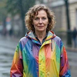 a sixty year old woman with short wavy curly light brown hair and blue eyes wearing a colorful raincoat in the rain. by artgerm and greg rutkowski and ilya kuvshinov