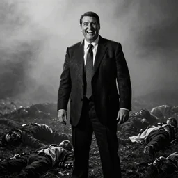 Ted Cruz with a wide grin standing on a hill with a dead bodies in the background, black and white, creepy lighting, foggy atmosphere, scary, horror, ornate, eerie, fear