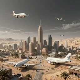 photo of a lively city on a grey desert planet, aircraft, lots of people, extreme details, soft lighting, realistic octane render, 8k