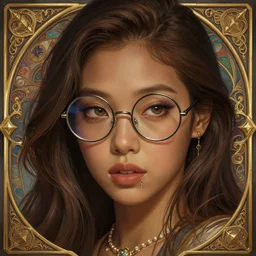 jossi of blackpink, wearing _ round _ glasses, deep focus, d & d, fantasy, intricate, elegant, highly detailed, digital painting, artstation, concept art, matte, sharp focus, illustration, hearthstone, art by artgerm and greg rutkowski and alphonse mucha