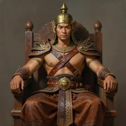 tai warlord, portrait, sit on the wooden throne like king ramkhaheang, historical, ethnic group, traditional tai costume, bronze headset, leather shoulder armor, fantasy, intricate, with leather armor cross onbare chest, elegant, loin cloth, highly detailed, oill painting, artstation, concept art, matte, sharp focus, illustration, hearthstone, art by earl norem