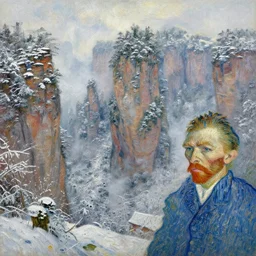 a digital fine art painting of zhangjiajie in winter snow and mists, a detailed matte painting by vincent van gogh and claude monet and thomas kinkade and bob ross. paint spatters, paint drips, paint stippling, paint dribble, paint speckling. dry brush and wet brush. rich texture, rich vivid color.