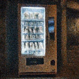 in a dark alley at night a vending machine sells puppies only visible by the light from the vending machine.