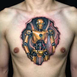 chest tattoo of a hole in the skin with a golden robot mechanic with glowing tubes inside under the skin, insanely integrate,