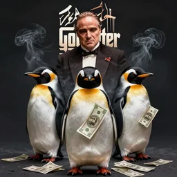 Penguin with money movie poster, godfather, symmetrical, dark environment, smoke, realistic, highly detailed, digital art, trending on artstation,