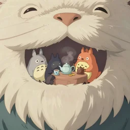 tiny imaginary creatures having tea party inside a humans beard. in a style of hayao miyazaki.
