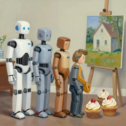 robots queue up for cupcakes, grant wood, pj crook, edward hopper, oil on canvas