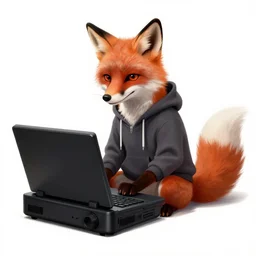 an anthropomorphic fox in a hoodie sitting in front of a portable black computer, white background, concept art, digital painting, highly detailed, style of by Jordan Grimmer and greg rutkowski, illustration