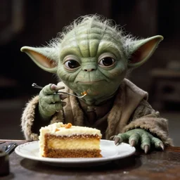 yoda sitting at a table, eating a piece of cake, still frame from star wars : return of the jedi