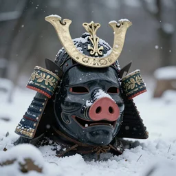 samurai mask that looks like a pig wearing crown, winter, snow, depressed, dark