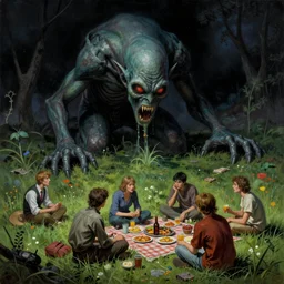 cthulhu devouring a meadow by people having picnic. lovecraftian horror. highly detailed science fiction painting by norman rockwell, frank frazetta, and syd mead. rich colors, high contrast, gloomy atmosphere, dark background. trending on artstation