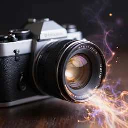 magical energys pouring out of a vintage camera lens