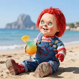 chucky drinking a cocktail on a beach in ibiza