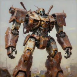 oil painting of a huge rusting mech, highly detailed, complex, intricate