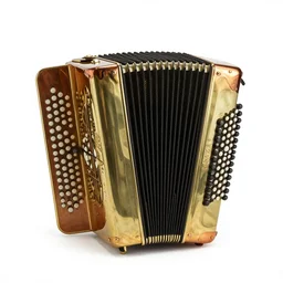 brass concertina, studio product photography, isolated on a pure white background, centered, entire object in frame, sharp focus, soft studio lighting