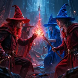 a mind - blowing, epic movie poster, depicting a war between red and blue fantasy wizards, wearing wizard hats, magic, cinematic