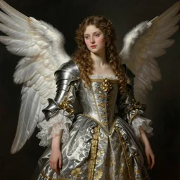 horizontal prtrait of an angel knight gothic girl, baroque dress. by gaston bussiere