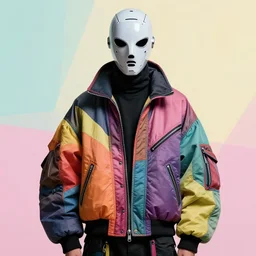 model in futuristic full face mask wearing baggy colorful 9 0 s jacket by rick owens. magazine ad. pastel brutalist background.
