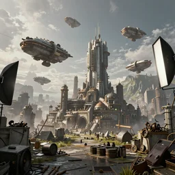 steampunk city with sky-ships in the sky, unreal 5, hyperrealistic, realistic, photorealistic, dynamic lighting, highly detailed, cinematic landscape, studio landscape, studio lighting