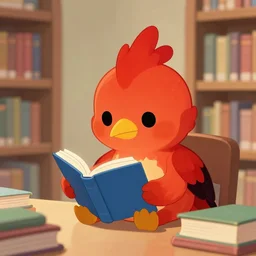 a cute firebird reading a book in a library #animation