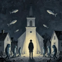 innsmouth, wanderer, fishpeople, fishing town, church, night, dramatic light, lovecraft, painted by caspar david friedrich