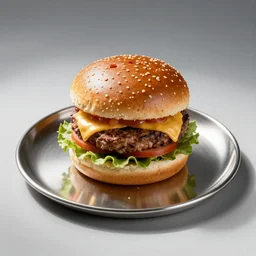 a hamburger on the silver mirror plate, studio photo.