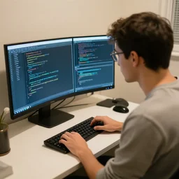 a realistic picture of a software engineer debugging code from his bathroom at 3 in the morning