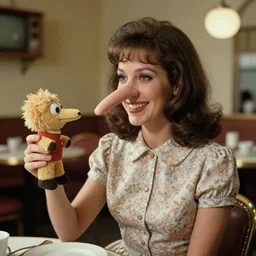 1983 happy woman on tv showwith a long prosthetic snout nose, big nostrils, wearing a dress in a cafe 1983 color archival footage color film 16mm Fellini Almodovar John Waters Russ Meyer with hand puppet