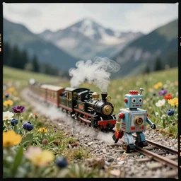 kodak portra 4 0 0, wetplate, muted colours, blueberry, action photography, 1 9 2 0 s, long shot, macro photo of a colourful tin toy robot running a heavily steaming steam engine on a trampled path near by beautiful flower meadow in the swizz alps, mountain panorama, motion blur, tiny gaussian blur, depth of field