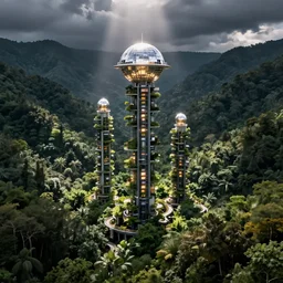 expansive forested valley with vertical farm towers connected to a central glowing sci - fi dome, sense of awe, stark light, high res, national geographic, unsplash, hd