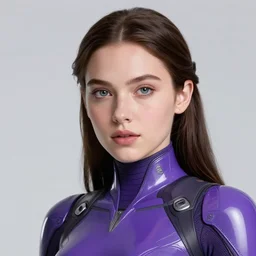 close up portrait of julia fox in smooth purple sci - fi armor, long black ponytail, elegant, intense, woman, an ultrafine hyperdetailed illustration by kim jung gi, irakli nadar, intricate linework, sharp focus, bright colors, octopath traveler, final fantasy, unreal engine 5, global illumination, radiant light