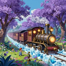 purple flower trees, steampunk!!!! train, ice, steam machines, garden, grainy texture, infographic with illustrations, glowing lights, epic fantasy, colorfully, digital art, highly saturated colors, concept art, detailed illustration, hd, 4 k, digital art, greg rutkowski, dan mumford, studio ghibli trending on artstation