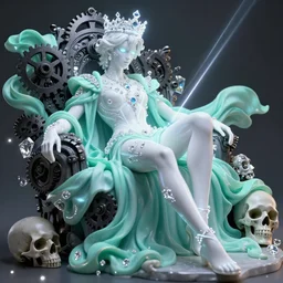 full - body rococo and bladerunner style neon statue of a young attractive piero mendez sim roupa reclining con las piernas abertas, glowing white lasers, glowing eyes, diamond prince crown, black gears, diamonds, swirling mint - colored silk fabric. futuristic elements. full - length view. human skulls. large intricate artwork by caravaggio. trending on artstation, octane render, cinematic lighting from the right, hyper realism, octane render, 8 k, depth of field, 3 d