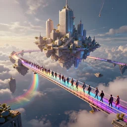 incredible, mindblowing, refugees crossing a beautiful bridge made of rainbow hardlight, floating city in the sky, matte painting, artstation, cgsociety, dramatic lighting, concept art, octane render, arnold 3 d render