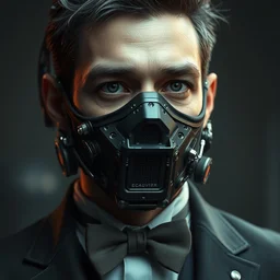 a rugged young engineer man with cybernetic enhancements wearing a suit and bowtie, detailed face with mask, octane render, 3 d digital art, unreal engine, scifi character portrait by greg rutkowski, esuthio, craig mullins, 1 / 4 headshot, cinematic lighting, dystopian scifi gear, gloomy, profile picture, mechanical, half robot, implants, steampunk