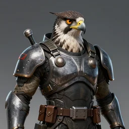 super villain boss with peregrine hawk head instead od human head, wearing soldier armor, very detailed face, full body, digital art