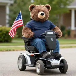 a man in a mobility scooter with bear arms, american flag, photorealistic, ultra high resolution