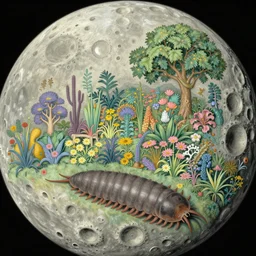 a landscape on the moon with many craters, huge woodlouse, a beautiful flowering garden, a lot of exotic vegetations, trees, intricate detaild, pale colors, 8 k, in the style of martin johnson heade and roger dean