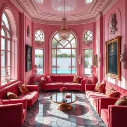 interior design of a pink modern lounge with renaissance paintings on the walls and renaissance sculptures, creative windows and colorful couches, window to the pool, in the design of zaza hadid, sharp, hyper - detailed, 8 k resolution, good lighting