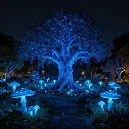 inside the magical graden at night,landscape ,glowing blue tree,glowing blue mushroom, wide angle , 4k, 8k, ultrarealistic hyperrealistic, Cinematic colour grading