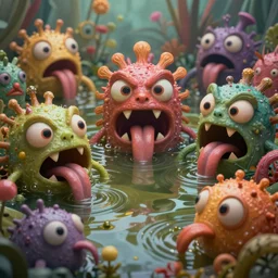 intricate colourful murky pond with strange cute friendly angry crazy creatures with huge eyes long tongue triangle teeth and scary face appearing from the water, in the style of craola, cinematic view, macro lens, shallow depth of field, highly detailed, digital painting, trending artstation, concept art, illustration, cinematic lighting, vibrant colors, photorealism, epic, octane render